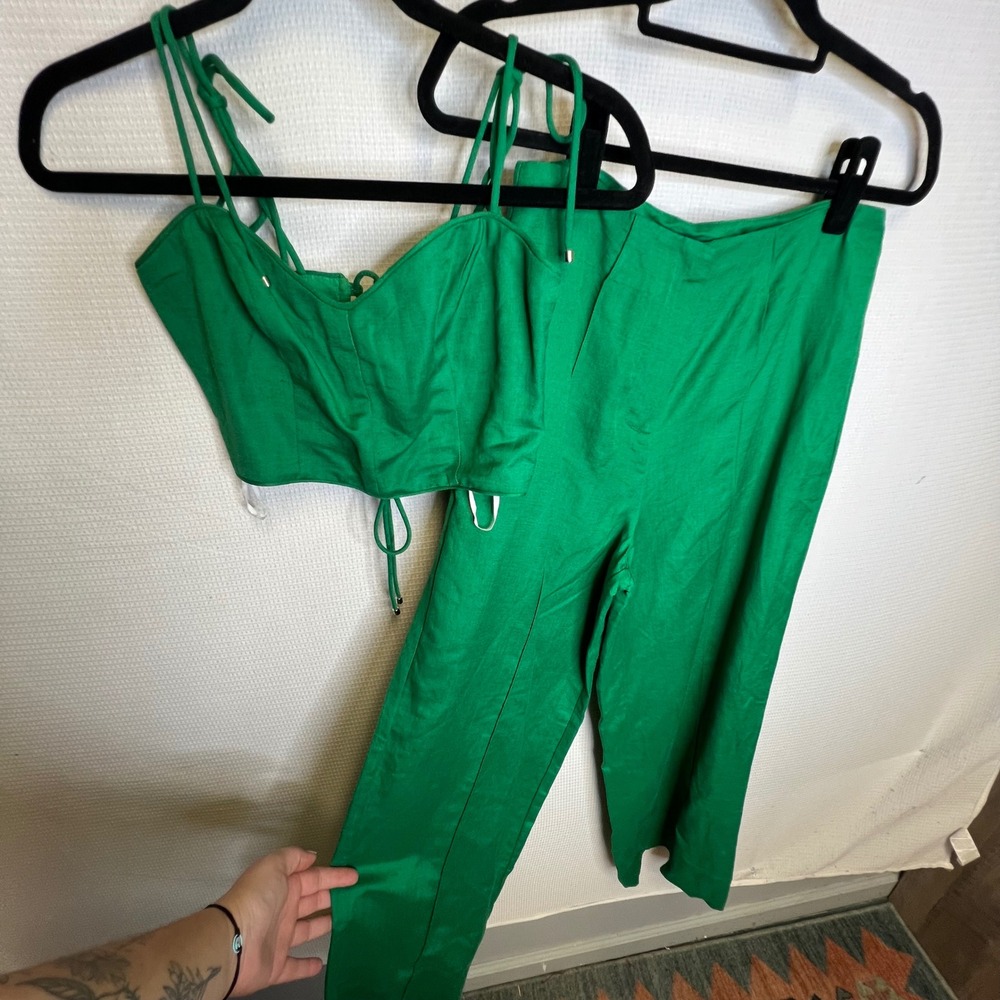 Mon Renn Green Linen Blend 2 Piece Set Corset Crop Top and Wide Leg Pants S